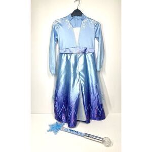 Disney Frozen II Elsa Costume Dress & Light Up Wand Halloween Sparkle Girls L 9-